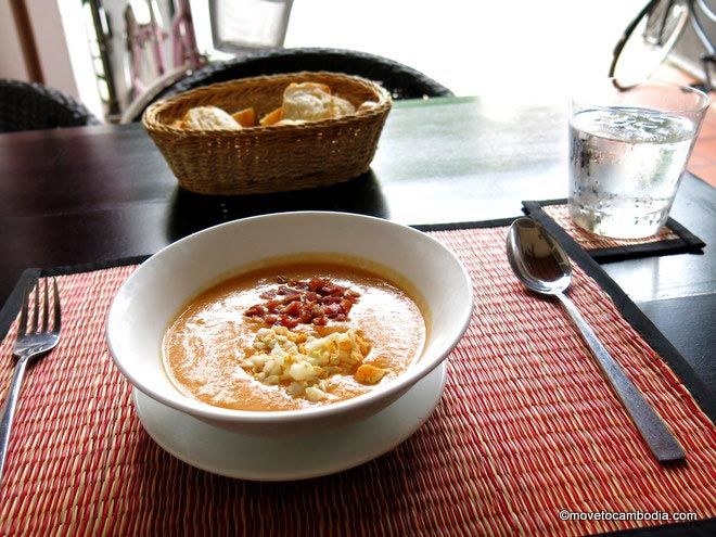 A bowl of Salmorejo at La Plaza in Phnom Penh