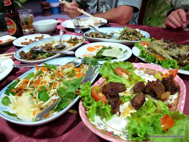 A packed table at Bopha Leak Khluon Restaurant in Siem Reap