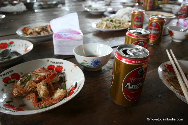 Angkor beer and fresh-caught seafood at a seaside lunch shack