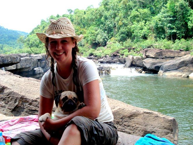 Barb Eason with pug Chook in Koh Kong