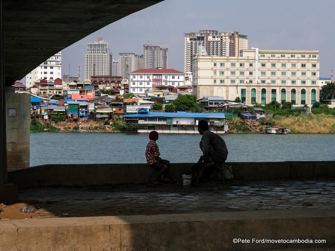 The view of Chroy Changvar from under the Chinese bridge in Phnom Penh